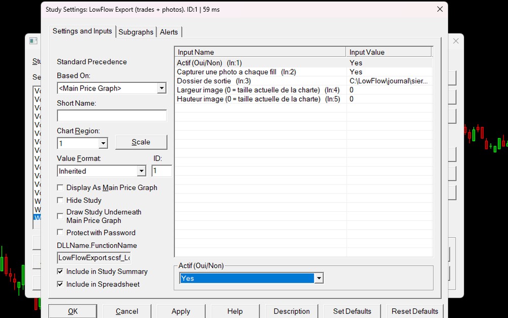 Réglages de l'étude LowFlow Export avec Actif = Yes