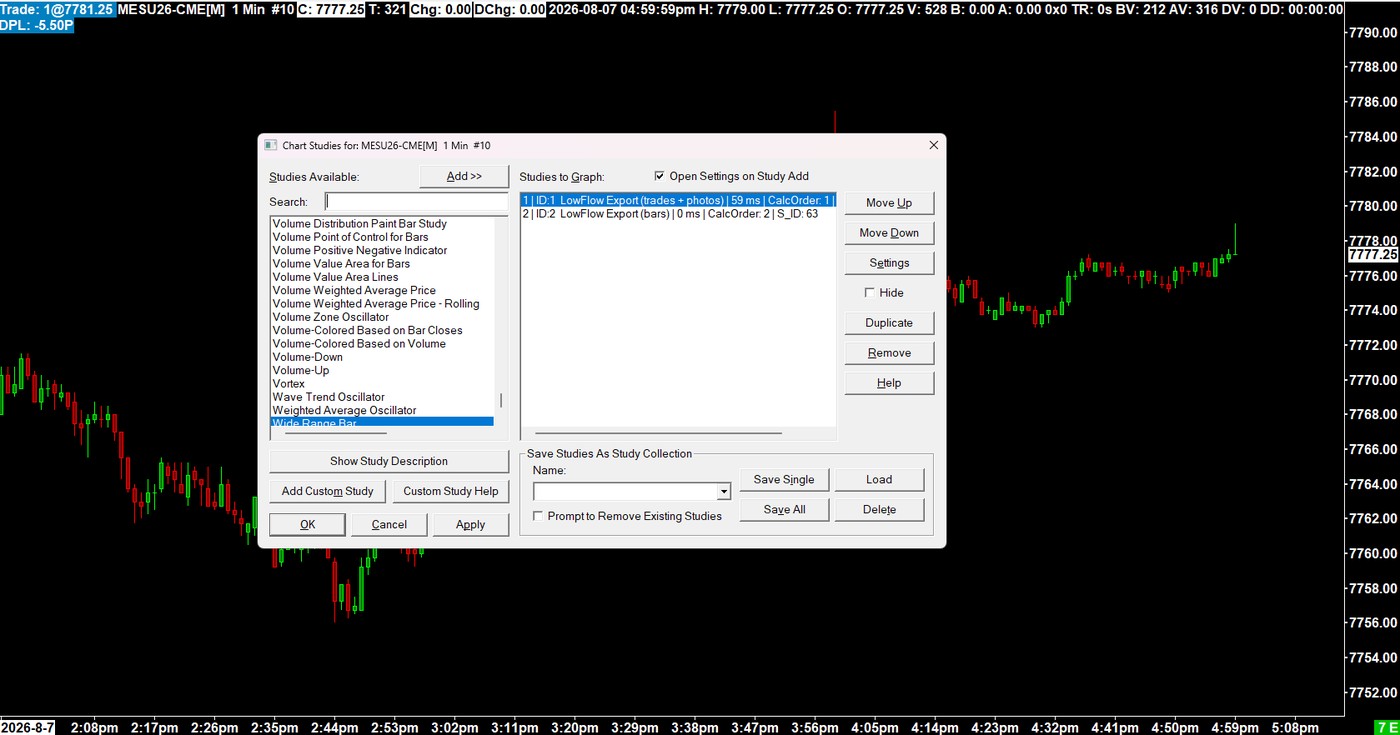 Études LowFlow Export actives dans Sierra Chart